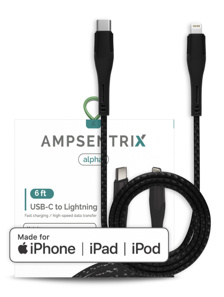 6 ft MFI Lightning To USB Type C Cable (AmpSentrix) (Alpha) (Black)