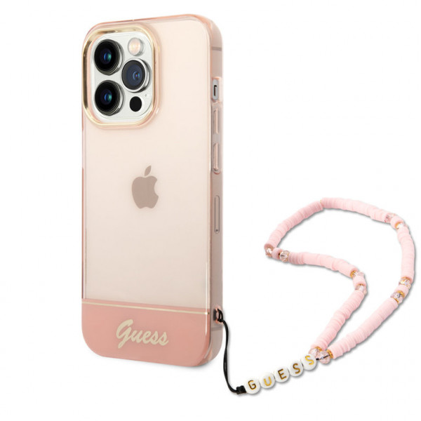 Guess Guess iPhone 14 Pro Max Hardcase Backcover - Translucent - with strap - Pink