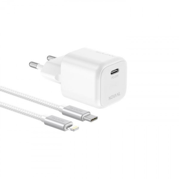 NOVANL GaNCharge 20W Single Port (USB C) with SpeedCharge 8-Pin to USB-C Cable White