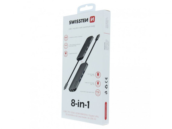 Swissten USB-C Hub 8 in 1 - 44040103 - (USB-C PD, HDMI 4K, LAN RJ45, 3x USB 3.0, SD, Micro SD) Aluminium