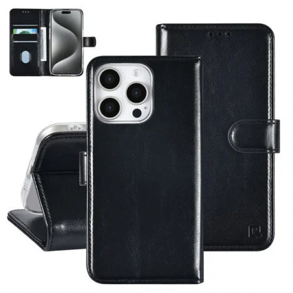 TUNIQ iPhone 16 Pro Max Book Case hoesje Pasjeshouder voor 3 pasjes - Hanger - Zwart